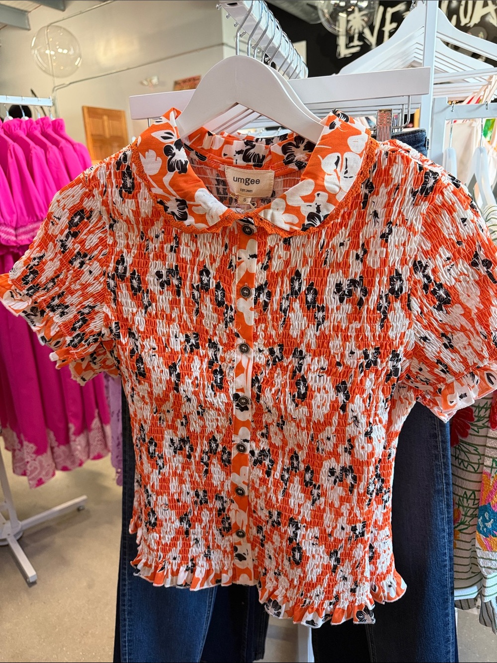 Umgee Orange, Black & White Floral Smocked Button-Down Top